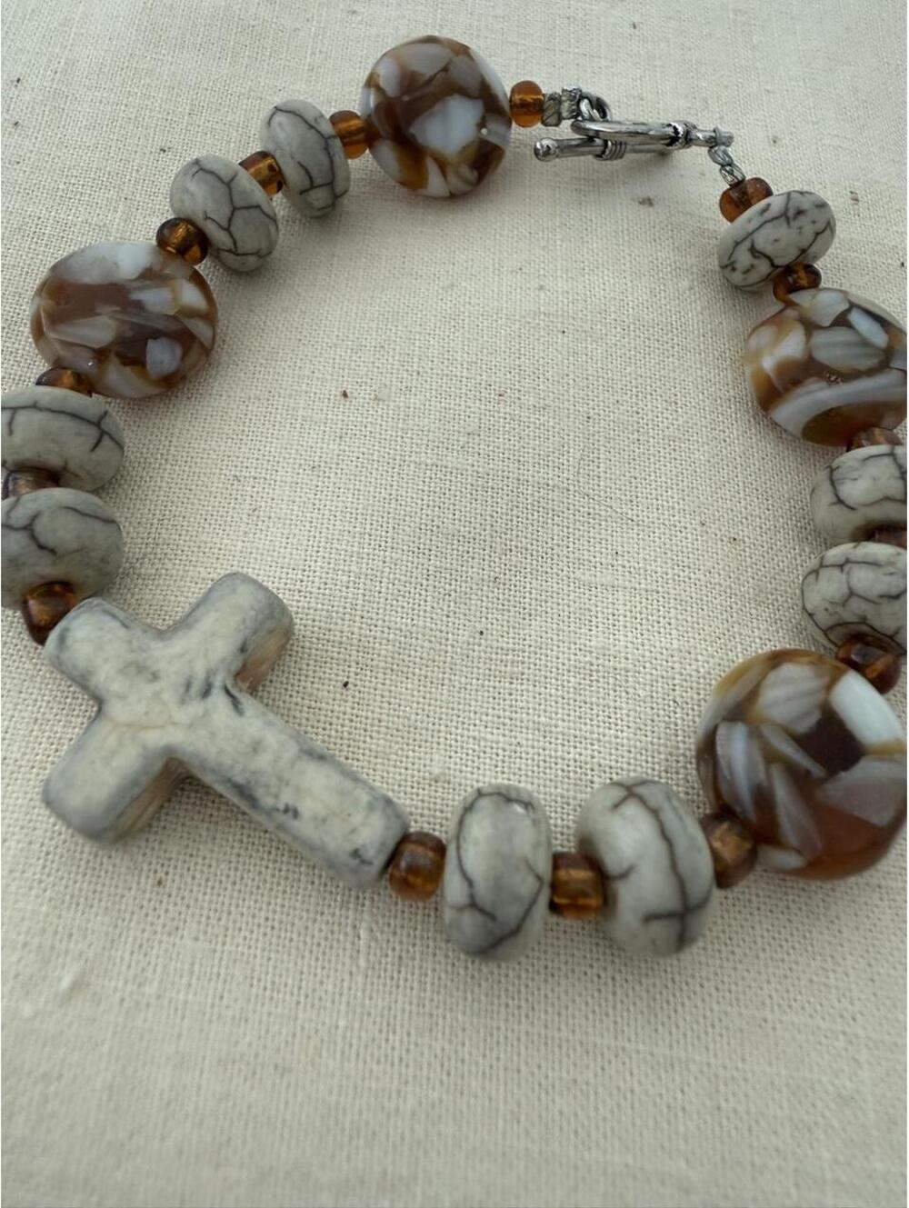 Brown Mosaic Bead Cross Bracelet Toggle Clasp - Picture 2 of 4